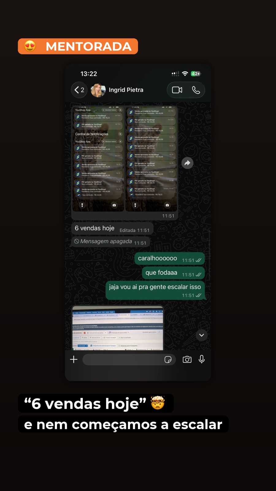 Print de conversa: mentorada com 6 vendas em um dia
