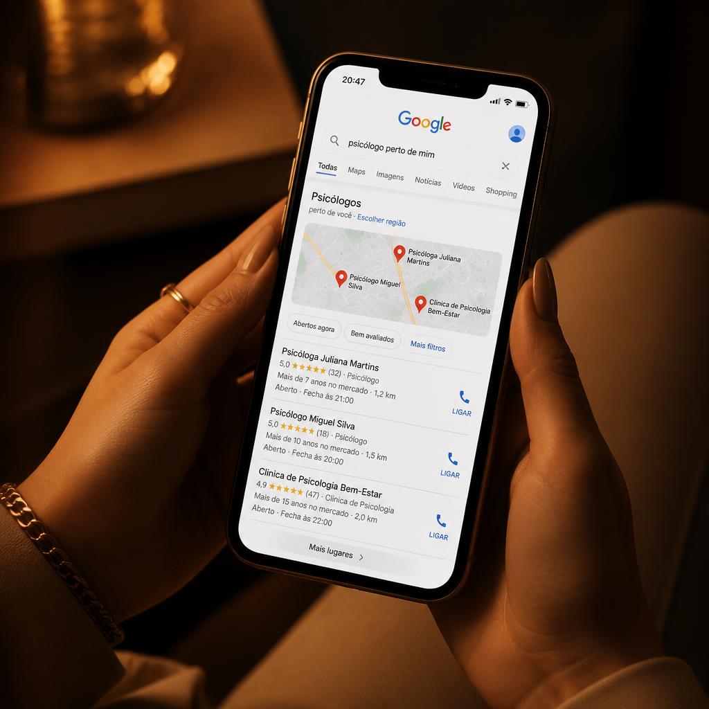 Celular exibindo uma busca no Google por 'psicólogo perto de mim' com resultados de profissionais