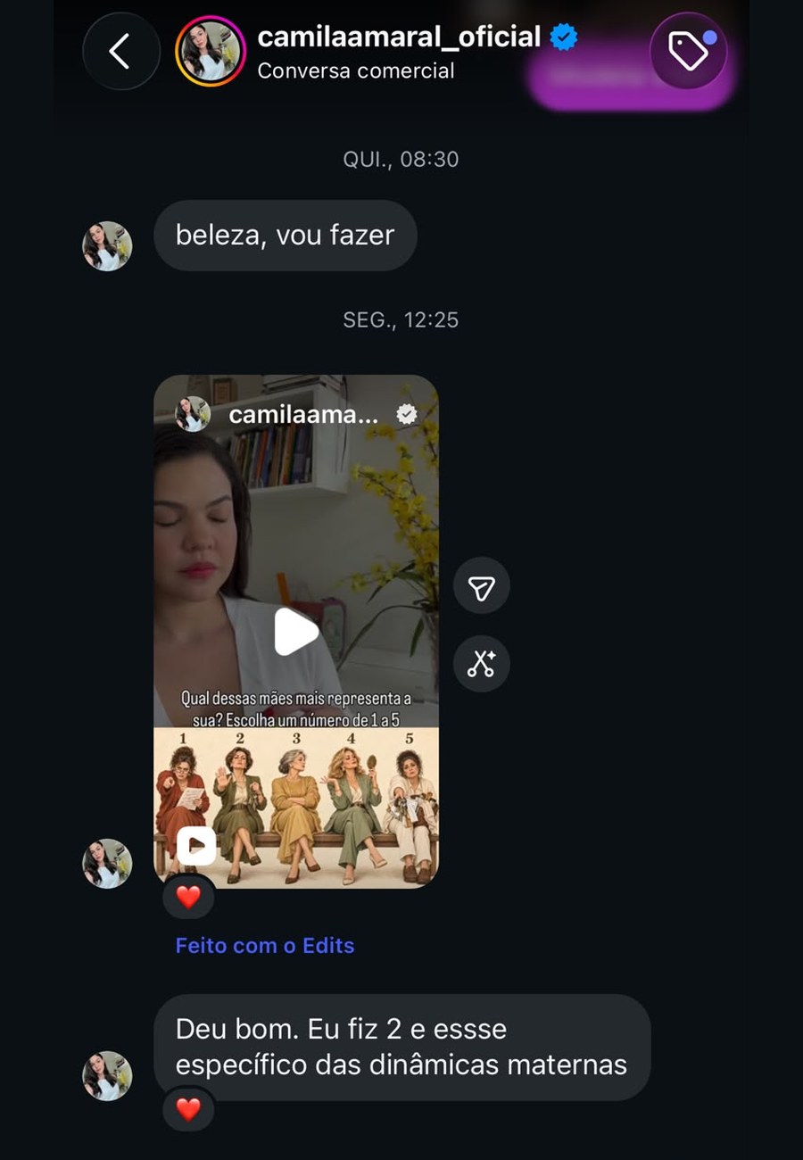 Print de conversa: aluna aplicou o método e o conteúdo performou